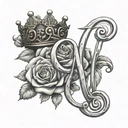 Letter N In Cursive Text With Female Crown And Roses