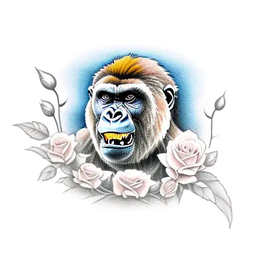 Roaring Gorilla With Roses And Sword