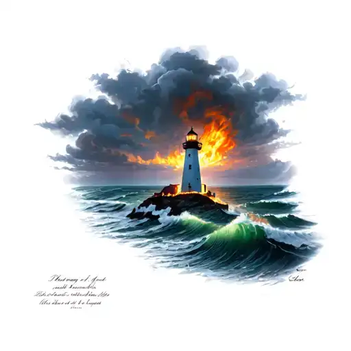 Burning Lighthouse Overlooking The Ocean
