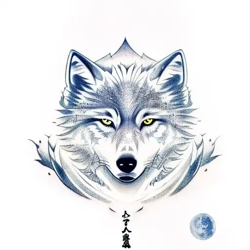 A White Wolf Dog Surrounded By Samurai In Japan With Moon As A Background And A Mountain Range