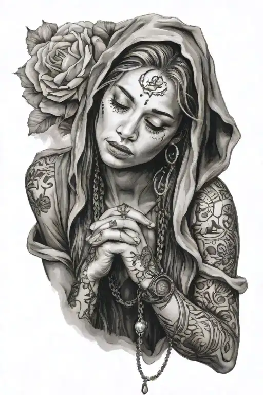 Woman In Praying Position With Necklace Around Fingers
