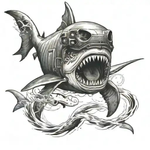 A Police Car Transformed Into A Giant Swimming Shark With A Skull Emblem On Its Side