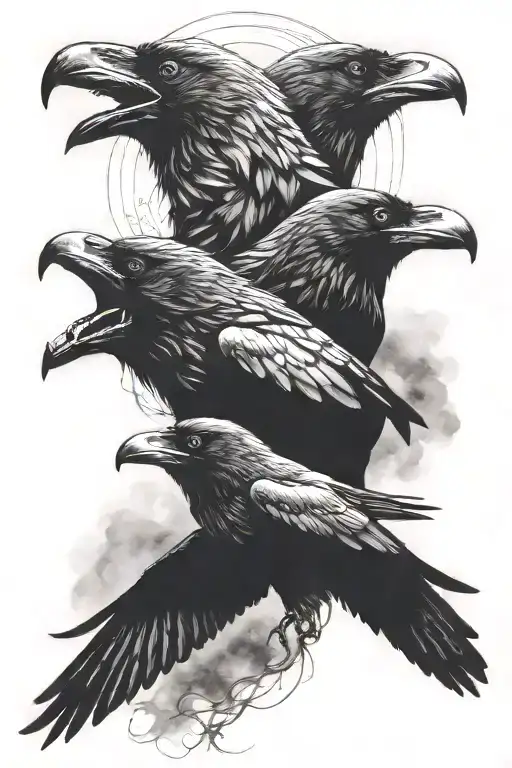 2 Ravens And A Wolf Howling Together Face