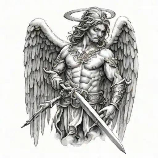 Angel Tattoo Men Standing With Sword And With Wings