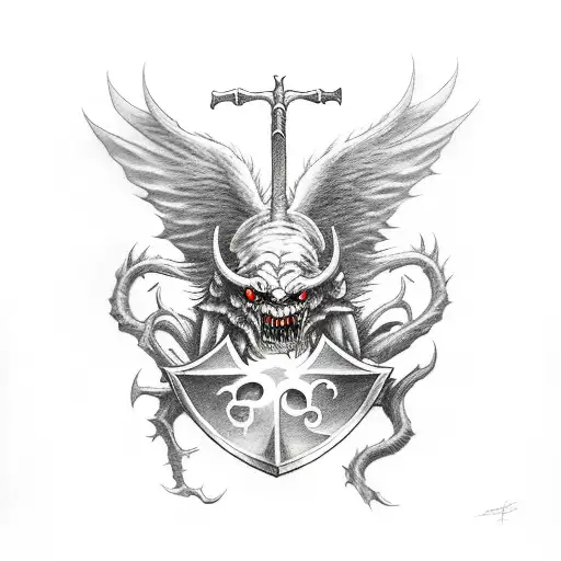 A Monster Like Demon With An Axe Defeating An Angel With A Sword And Shield Midair In A Stormy Night