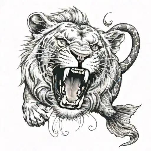 Male Lion Biting A Koi Fish