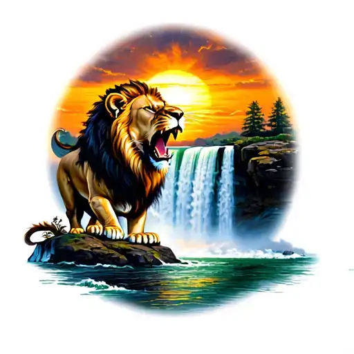 A Majestic Lion Roaring In Front Of A Sunrise Over A Waterfall
