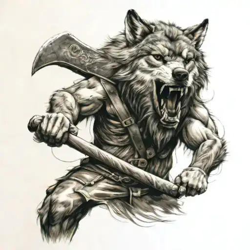 Full Body Wolf With An Nordic Axe In The Mouth
