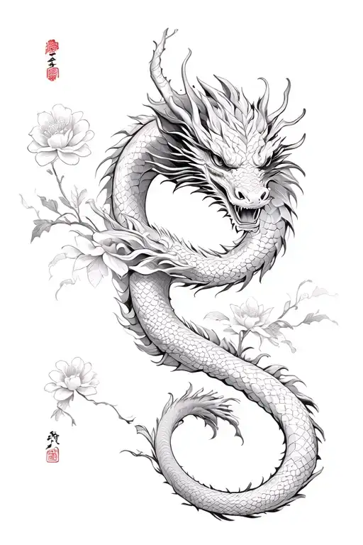 Dragon Wrapped Around Forearm With Chinese Flower Blooming Black And White