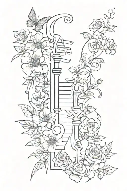 Beautiful Elegant Fine Line Spine Tattoo With Music Note Scribe And Delicate Flowers