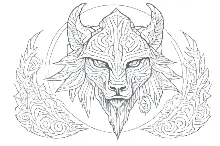 A Viking Rune Stone With A Wolf And Samurai Helmet Engraved On It