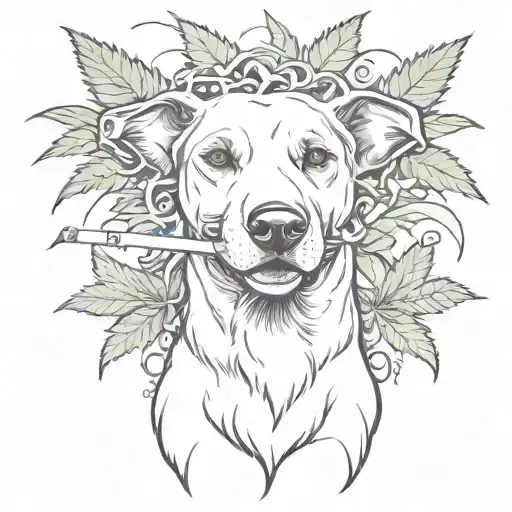 A Whimsical Design Of A Dog Smoking A Joint Surrounded By Cannabis Leaves