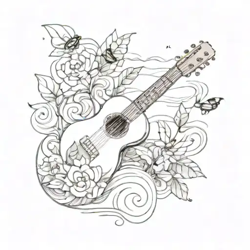 Create A Tattoo Of A Ukulele Made Out Of Plants And Beetles With Waves In The Background
