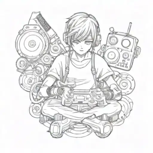 A Tattoo Design Of A Manga Character Holding A Gaming Controller Surrounded By Musical Instruments