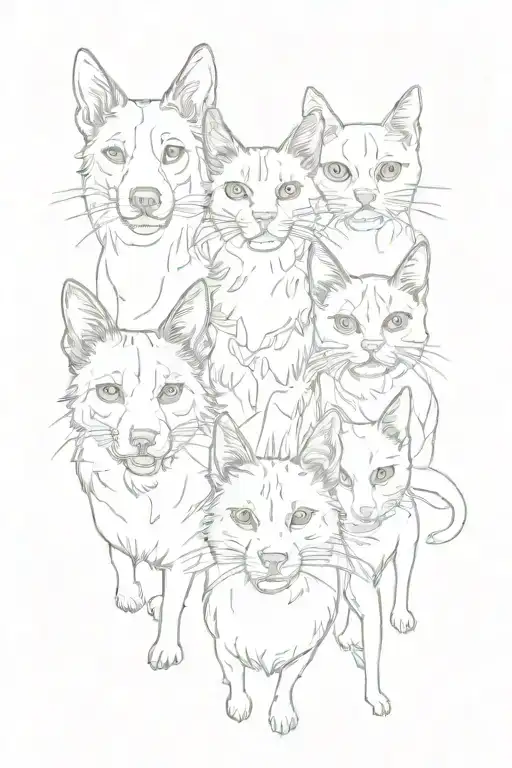 A Family Of Dogs And Cats In A Sketch Style Portrait