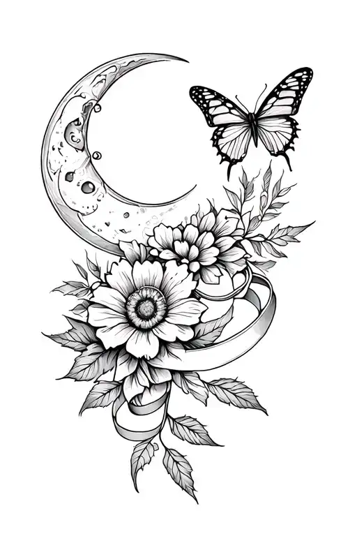 Spin Tattoo With Butterflies Moon Ribbon Flower And Leaf