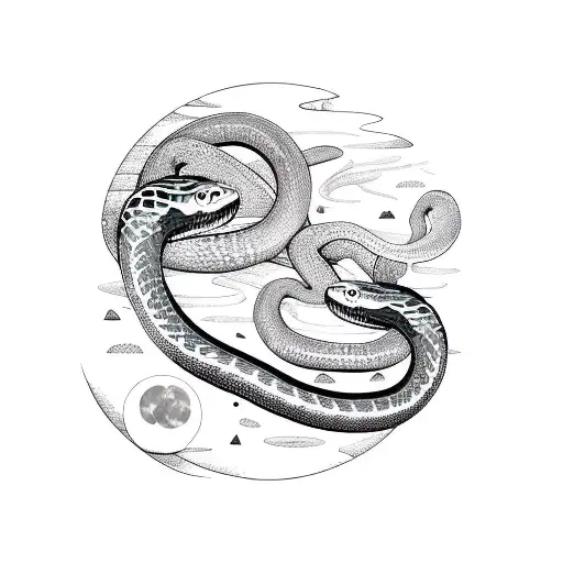 Two Snakes Surrounded By Plants With The Moon Phases