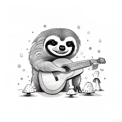 A Detailed Sketch-style Tattoo Of A Sloth Playing A Guitar On A Bed Of Mushrooms