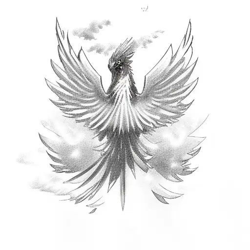 Phoenix With Lightbeams Under Wing With Clouds