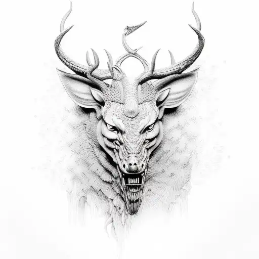 A Hunting Scene With Mythological Creatures In Dotwork Style