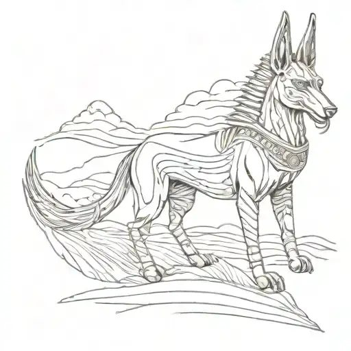 Anubis Depicted In A Sketch Style With A Background Of Swirling Sand Dunes