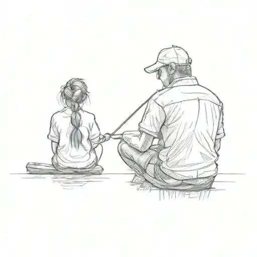 A Simple Sketch Of A Dad And Daughter With A Ponytail Sitting On A Log By The Lake Fishing