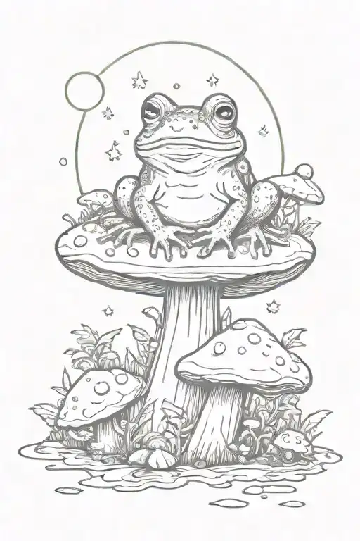 A Whimsical Scene Of A Frog Sitting On A Mushroom Under A Full Moon