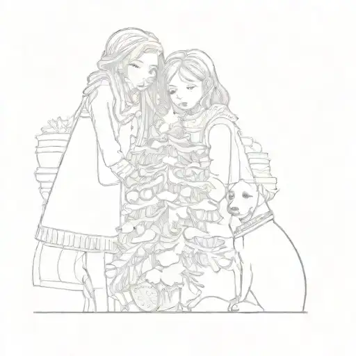 Two Girls With A Dog In Front Of A Christmas Tree