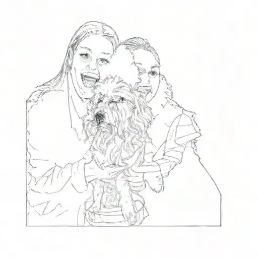 Two Girls With A Dog In Front Of A Christmas Tree