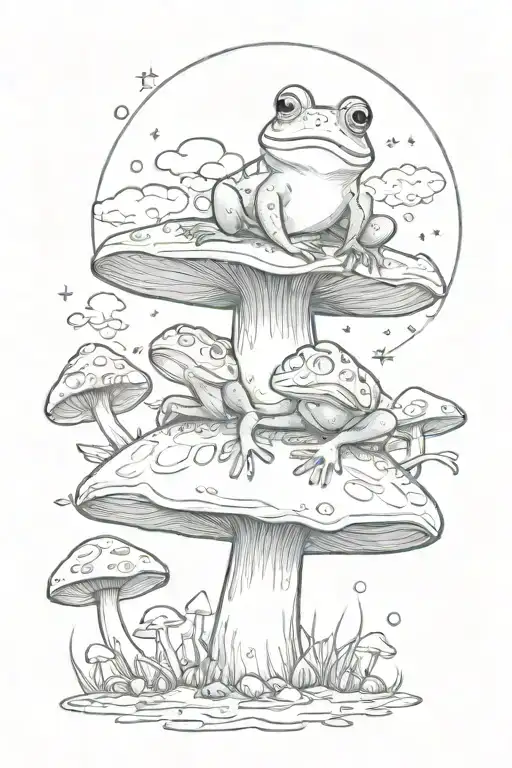 A Whimsical Scene Of A Frog Sitting On A Mushroom Under A Full Moon