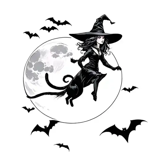 A Witch Flying With A Black Cat In The Sky With A Full Moon In The Background And Bats