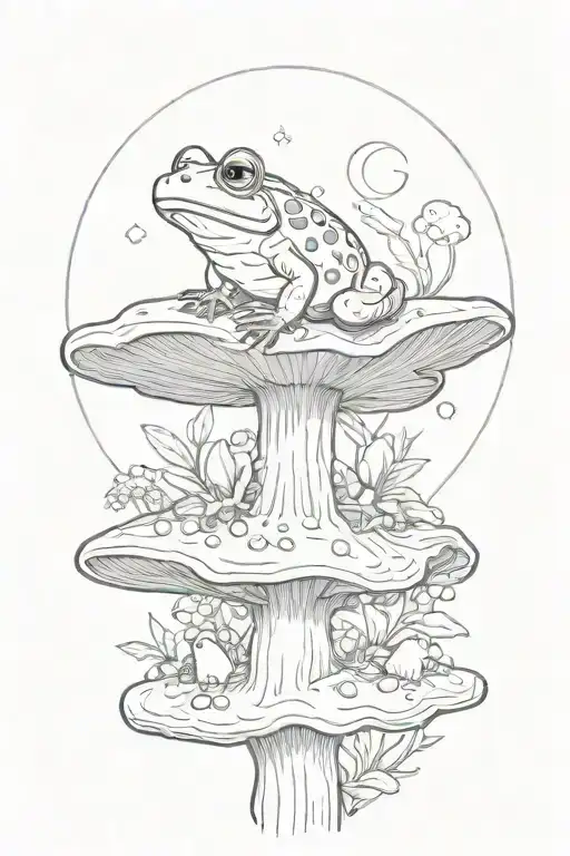 A Whimsical Scene Of A Frog Sitting On A Mushroom Under A Full Moon
