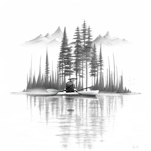Fishing Kayak Going Down A River In An Evergreen Forest