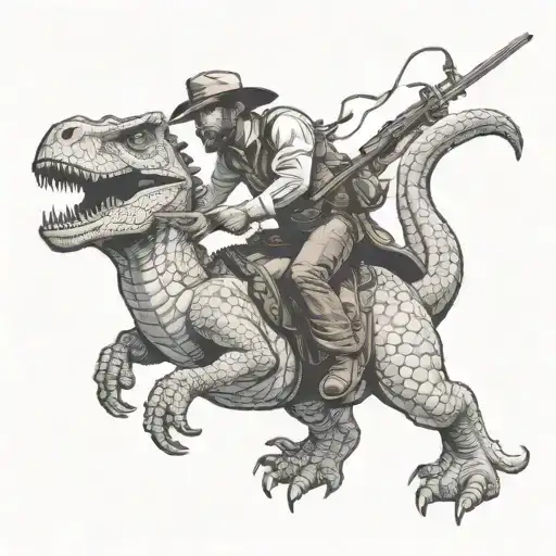 A Cowboy Riding A Dinosaur Shoots Back At An Indian Shooting A Bow While Riding A Dinosaur