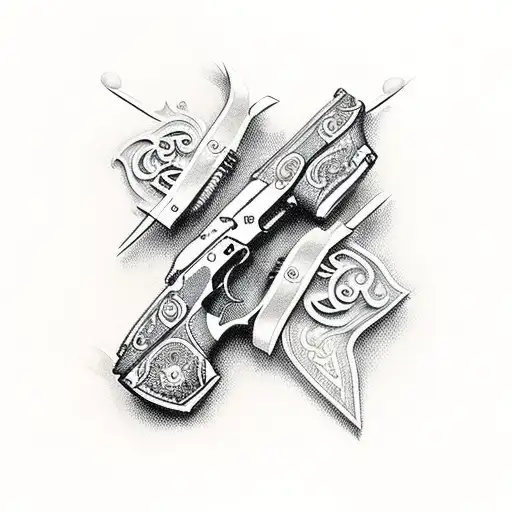 A Pair Of Crossed Pistols Adorned With Elegant Religious Symbols