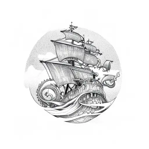 Kraken Taking Down Ship In Color Ocean