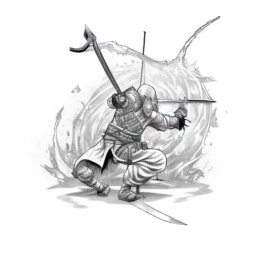 A Sketch-style Tattoo Of A Stealthy Ninja From Tenchu Wielding A Deadly Sword