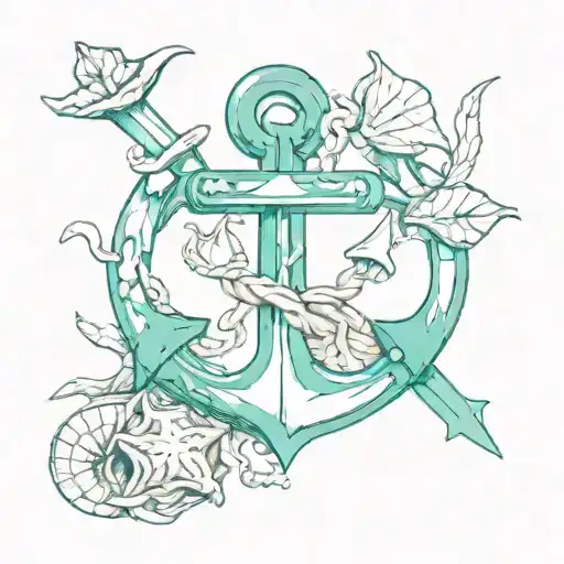 Teal Anchor Entwined With Beach Treasures Like Seashells And Driftwood
