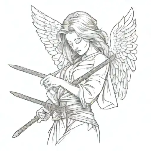 Angel Girl With Closed Eyes And Katana In Hands
