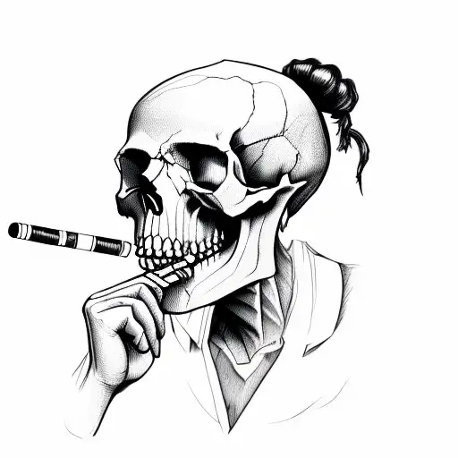 Skull With Man Bun Smoking A Cigarette