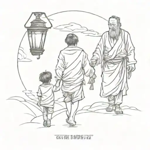 Father Guiding Son By Lantern Long Road
