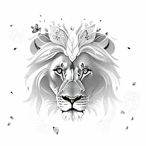 Lion With Butterflies And Roses