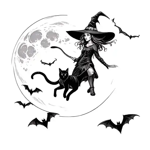 A Witch Flying With A Black Cat In The Sky With A Full Moon In The Background And Bats