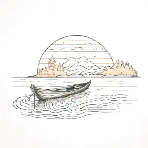 A Sketch Style Tattoo Of A Tranquil Lake Scene With A Rowboat Drifting Towards A Colorful Sunset