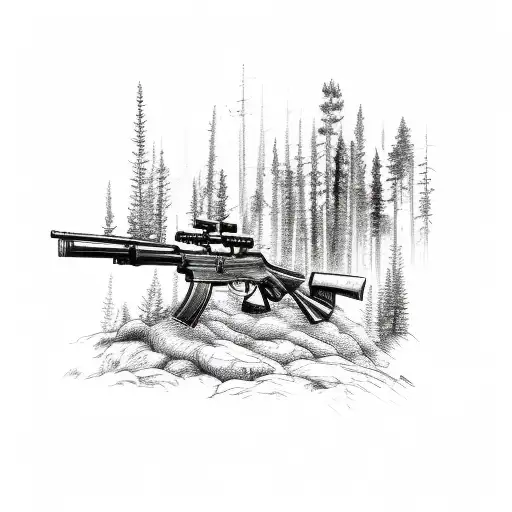 A Detailed Sketch Of A Hunting Rifle Surrounded By Pine Trees