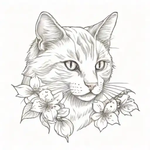 A Realistic Portrait Of A Cat In A New-school Style Surrounded By Japanese Cherry Blossoms
