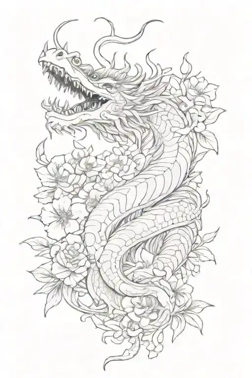 Japanese Word That Is Wrapped Around A Dragon With Flowers