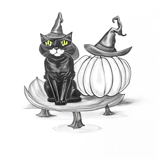 A Black Cat Sitting On A Pumpkin With A Witch's Hat On