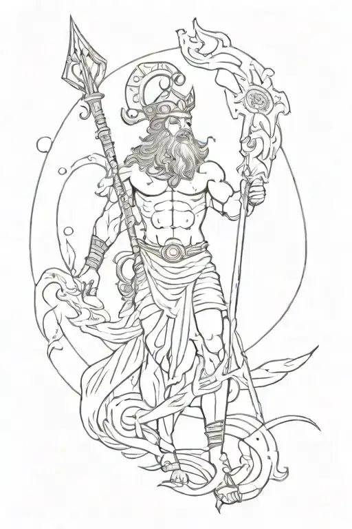 A Minimalist Line Work Design Of Poseidon Holding A Trident