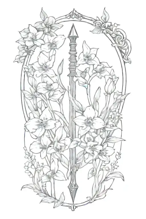 A Long Arrow Surrounded By Violets And Daffodils